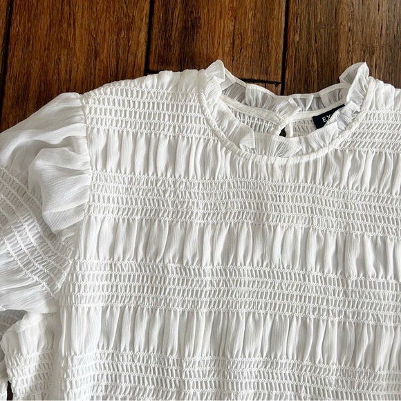 Express White Smocked Blouse Top Peplum Hem Large Chic Romantic Feminine Office - Picture 5 of 16